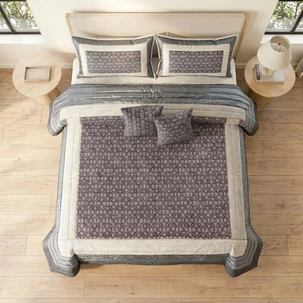 Luxury Damask Floral Dark Grey King Size Quilted Bedcover Set – 5 Piece Premium Bedding Collection (King Size (108 × 10...